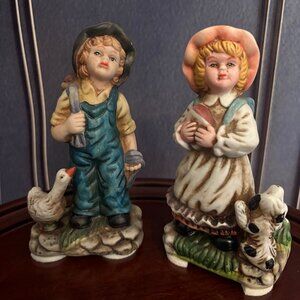1970s Home Interior Vintage Bisque Figurines – Schoolchildren w/ Farm Animals